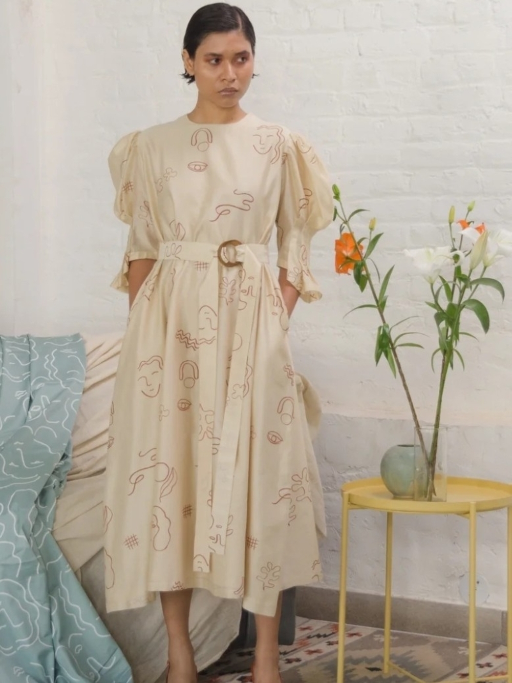 Little Things Studio Merrylin Dress M Beige Clay Motif Chanderi Silk Avant-Garde